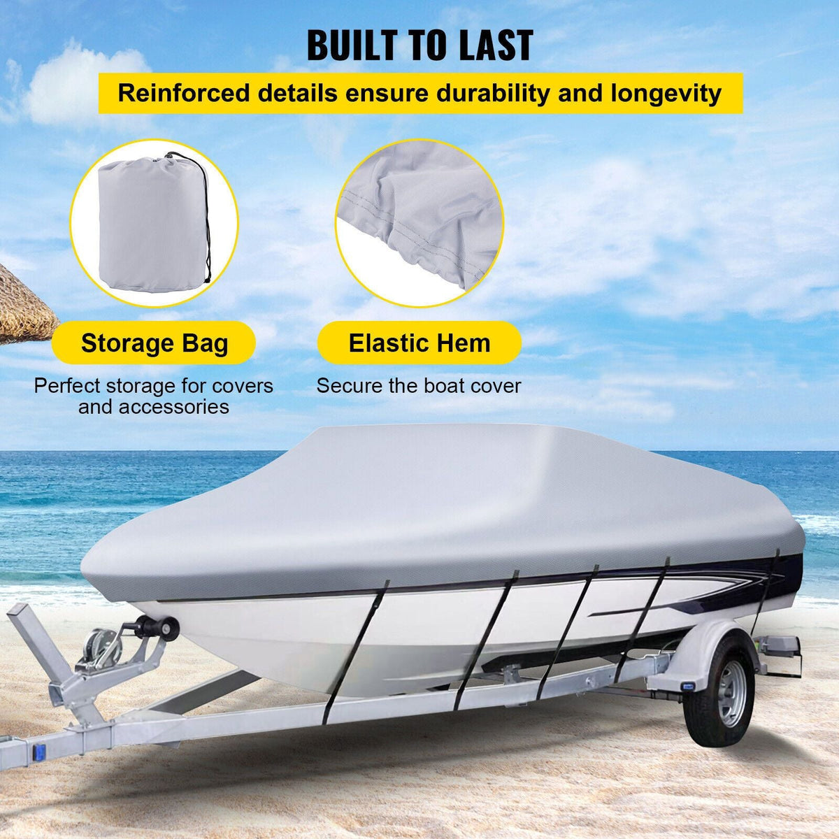 Waterproof Boat Cover, 14'-16' Trailerable Boat Cover, Beam Width up to 90" v Hull Cover Heavy Duty 600D Marine Grade Polyester Mooring Cover for Fits V-Hull Boat with 5 Tightening Straps