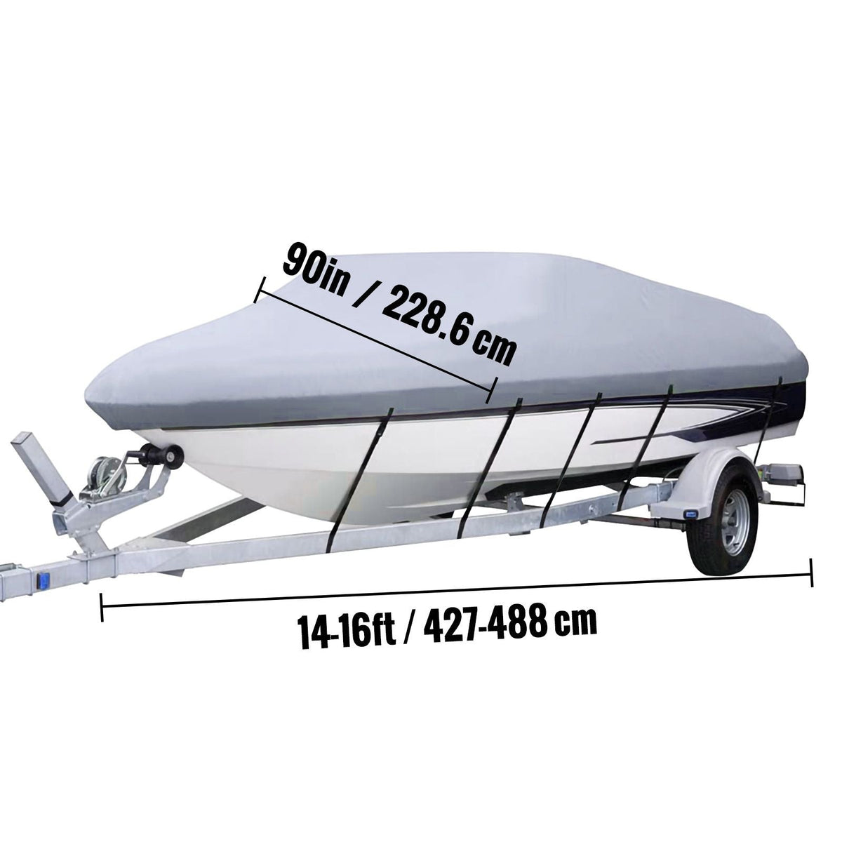 Waterproof Boat Cover, 14'-16' Trailerable Boat Cover, Beam Width up to 90" v Hull Cover Heavy Duty 600D Marine Grade Polyester Mooring Cover for Fits V-Hull Boat with 5 Tightening Straps