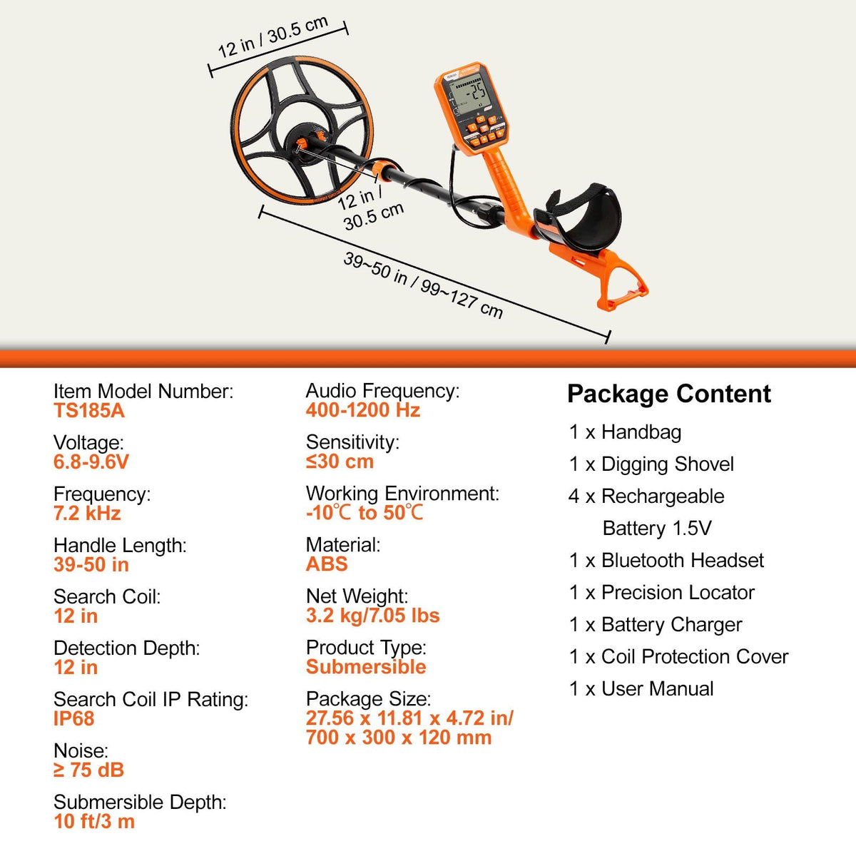 Waterproof Metal Detector, 12" Coil, Professional Rechargeable Gold Detector, 39-50 in Adjustable with LCD 7 Modes Advanced DSP Chip Bluetooth Headset, IP68 for Detecting Gold Treasure Hunting
