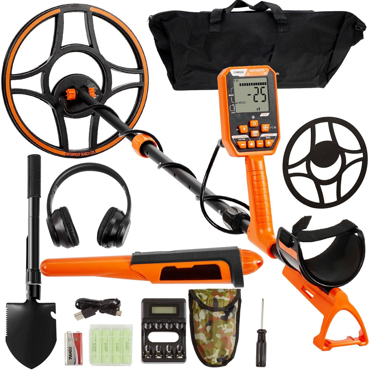 Waterproof Metal Detector, 12" Coil, Professional Rechargeable Gold Detector, 39-50 in Adjustable with LCD 7 Modes Advanced DSP Chip Bluetooth Headset, IP68 for Detecting Gold Treasure Hunting