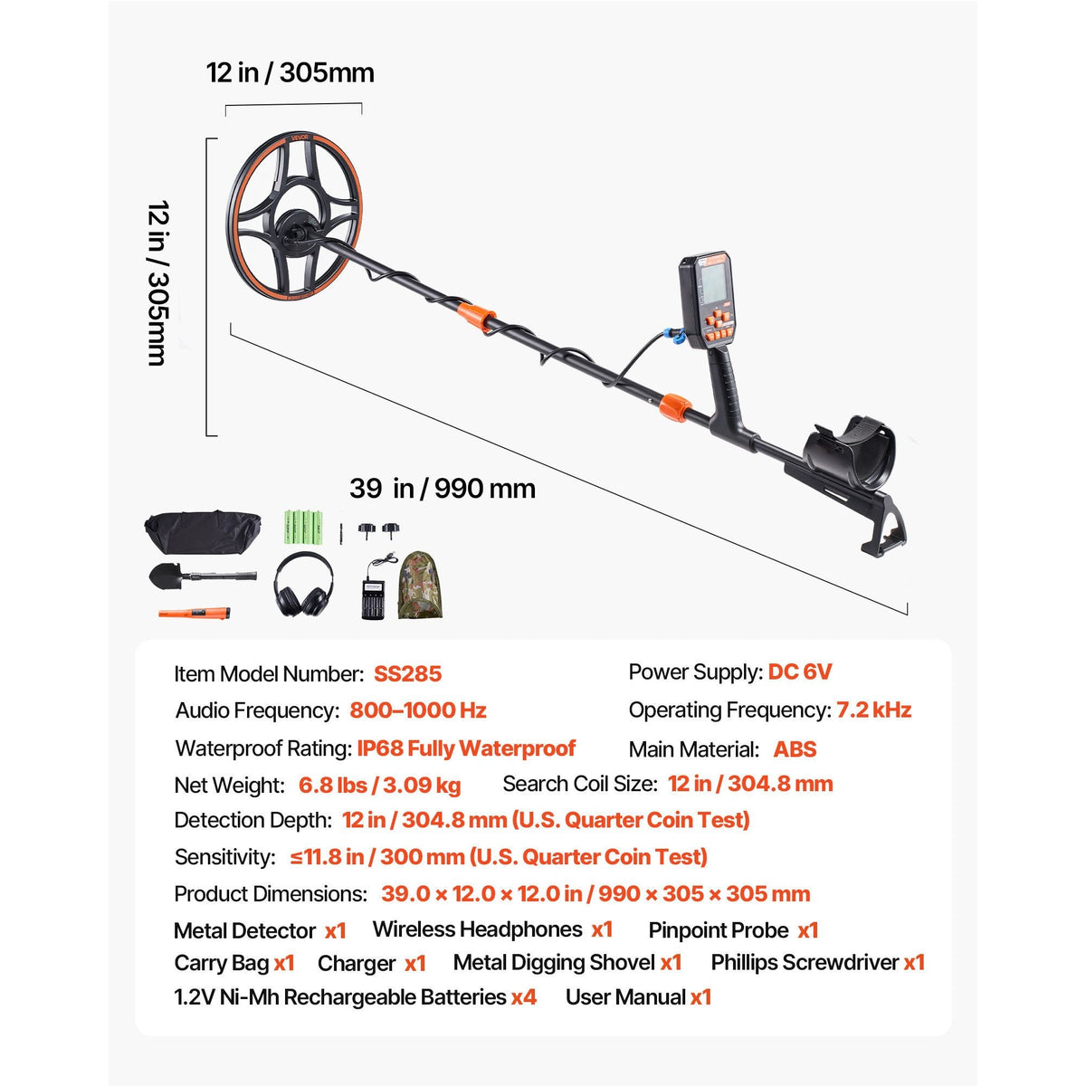 Waterproof Metal Detector, 12", Professional High Accuracy Gold Detector for Adults, with Display, Wireless Headphones, 7 Modes, Adjustable Length, for Detecting Gold Treasure Hunting, IP68
