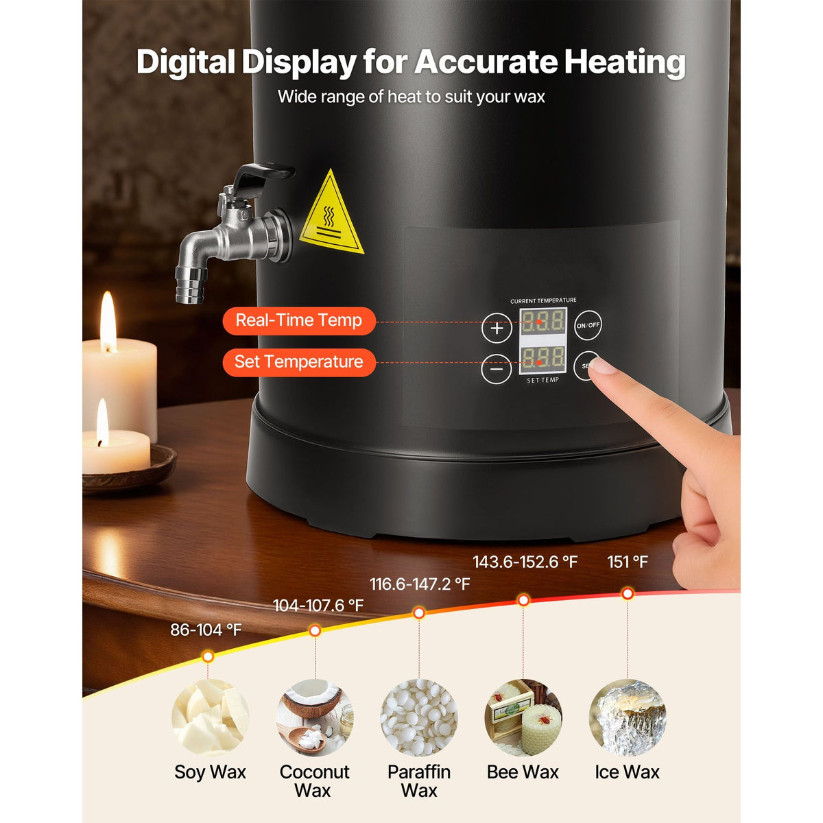 Wax Melter for Candle Making, 10.6 Qts, Fast and Even Heating, with Easy Pour Spout and Temp Digital Display, Hourglass Base for Non-Stick Smooth Flow, Wax Melting Pot for Making Candles Soaps