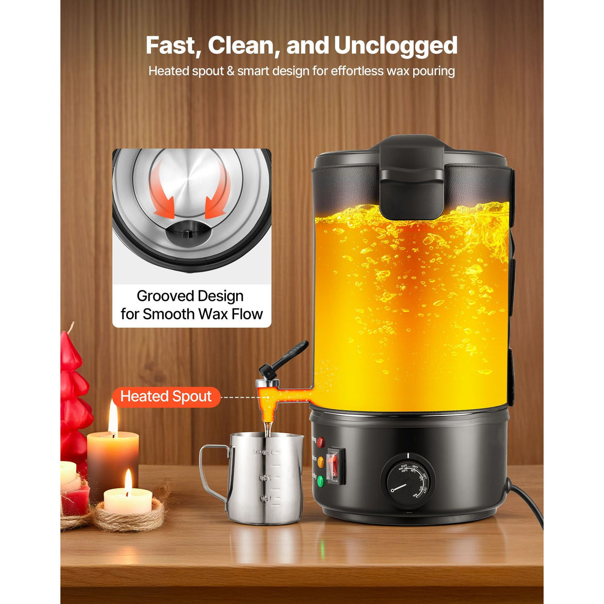 Wax Melter for Candle Making, 8.5 Qts, Fast and Even Heating, with Easy Pour Spout and Temperature Control, Grooved Base for Non-Stick and Smooth Flow, Wax Melting Pot for Making Candles Soaps
