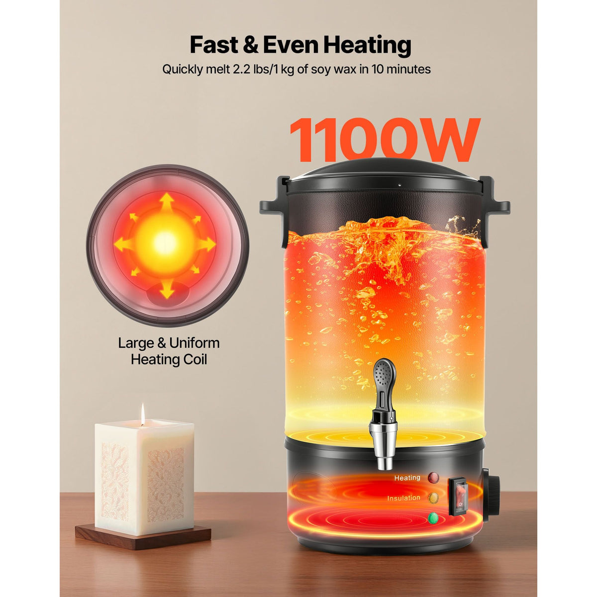 Wax Melter for Candle Making, 8.5 Qts, Fast and Even Heating, with Easy Pour Spout and Temperature Control, Grooved Base for Non-Stick and Smooth Flow, Wax Melting Pot for Making Candles Soaps
