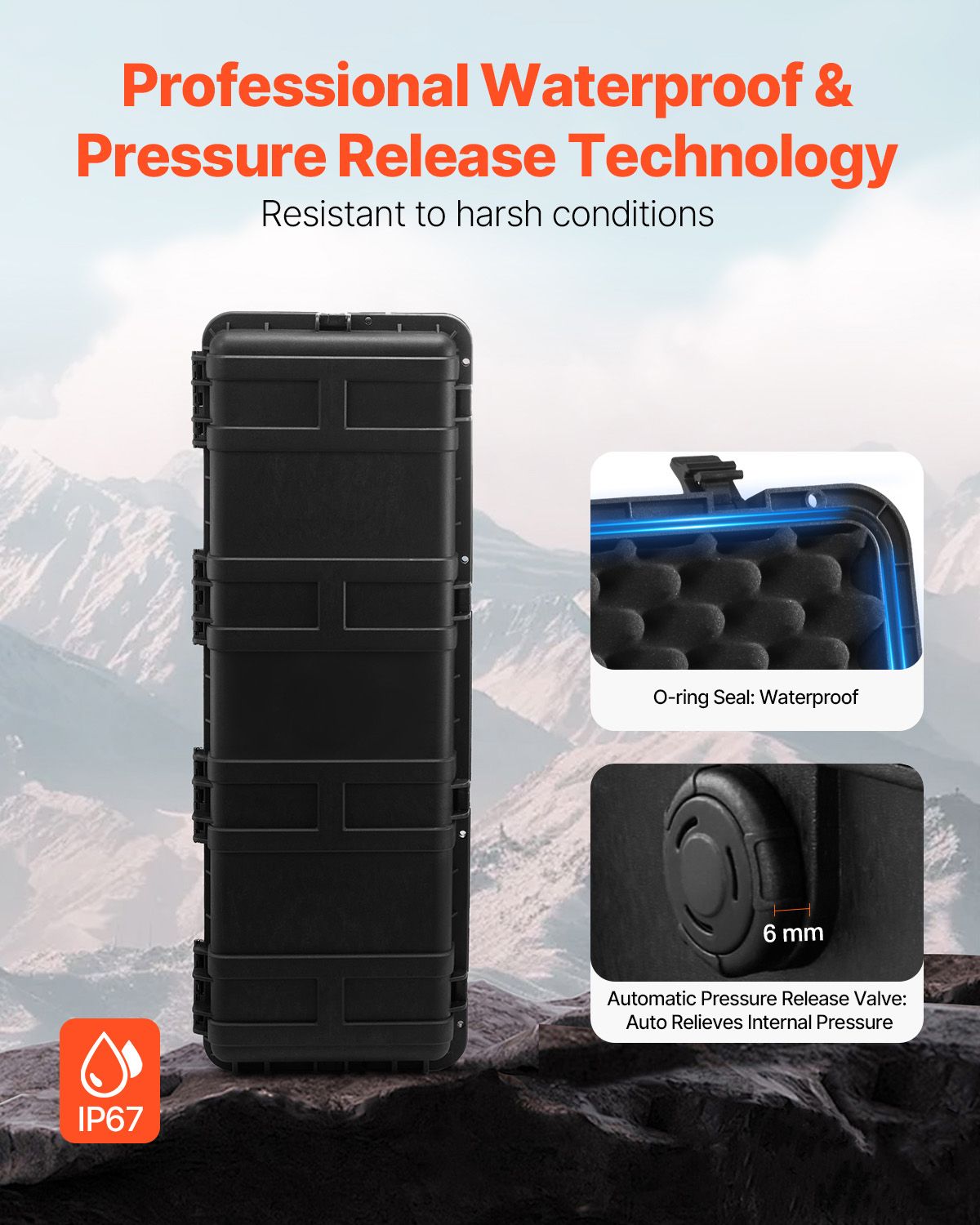 Weatherproof Hard Case, Heavy Duty Protective Dry Box Case with Pre-Cut Foam & Retractable Pull Handles for Travel, Hunt, Military, Tactical, IP67 Waterproof Case for Cameras(112x41x34)