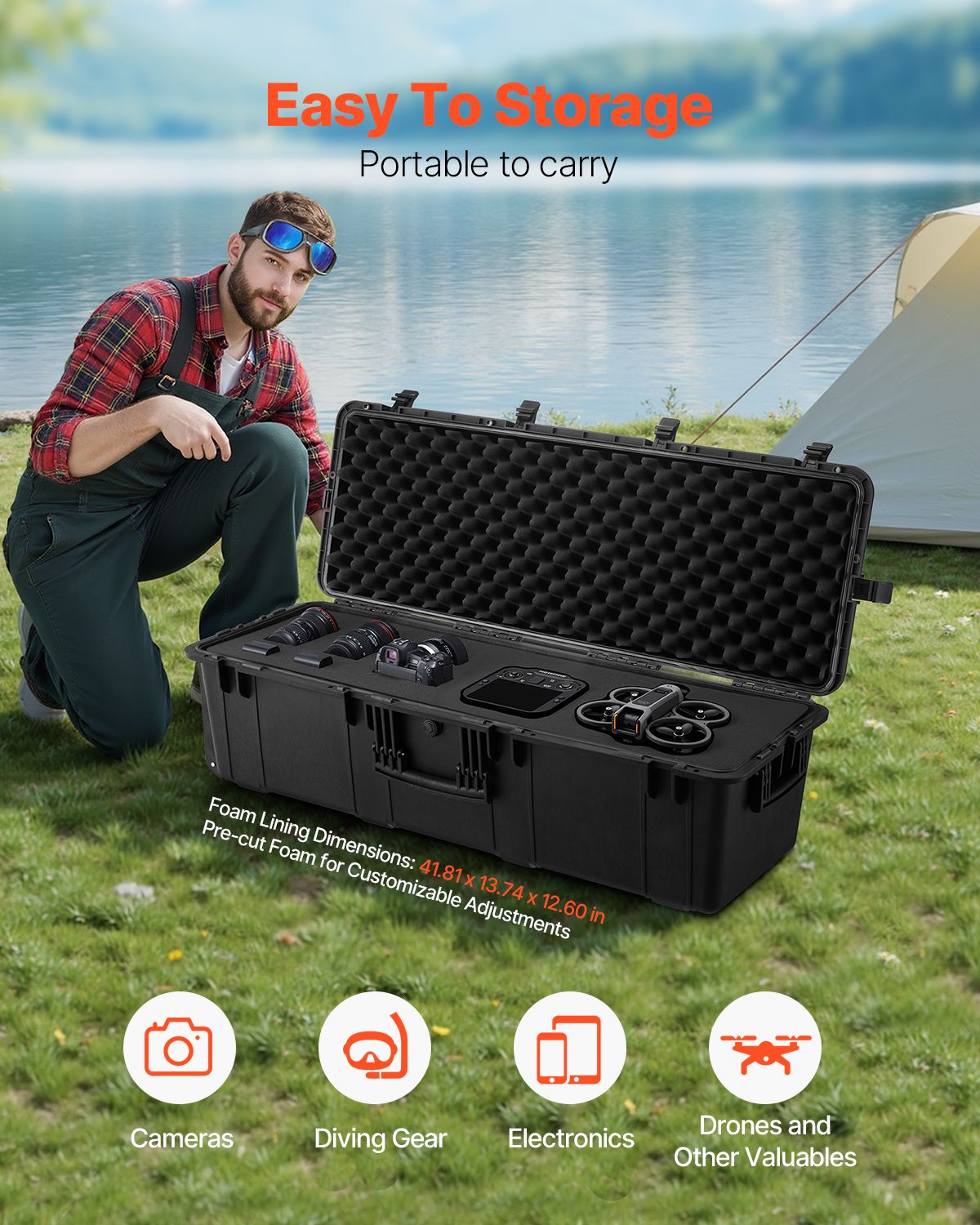 Weatherproof Hard Case, Heavy Duty Protective Dry Box Case with Pre-Cut Foam & Retractable Pull Handles for Travel, Hunt, Military, Tactical, IP67 Waterproof Case for Cameras(112x41x34)