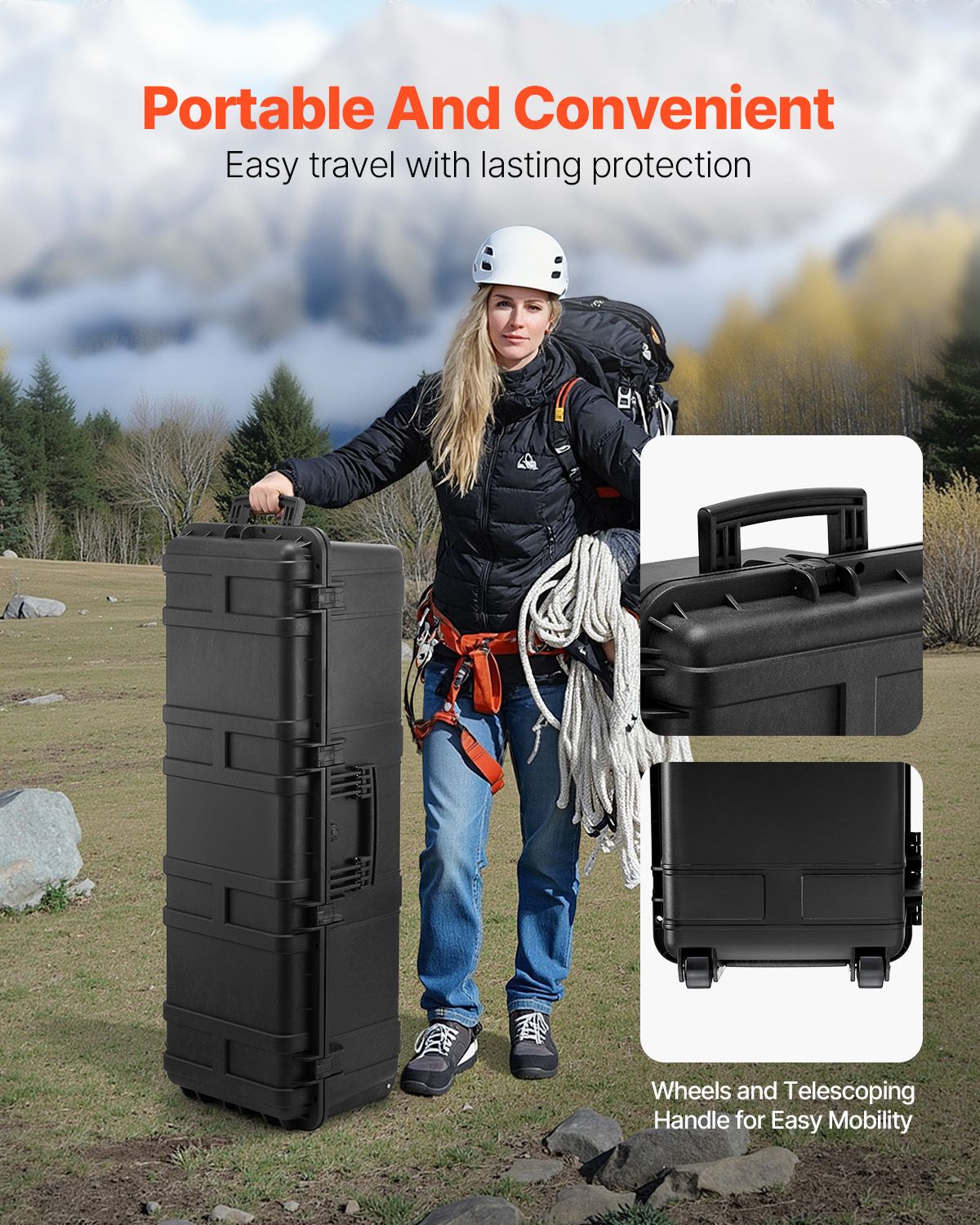 Weatherproof Hard Case, Heavy Duty Protective Dry Box Case with Pre-Cut Foam & Retractable Pull Handles for Travel, Hunt, Military, Tactical, IP67 Waterproof Case for Cameras(112x41x34)