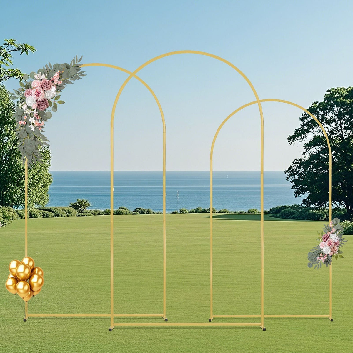 Wedding Arch Backdrop Stand, Set of 3, Metal Stable Stand with Case Connection & Chassis Crossbar Design, Easy-to-Assemble Gold Stand with Premium Metal, Fit for Birthday, Celebration, Holiday
