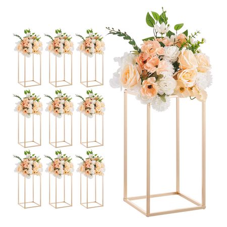 Wedding Flower Stand, 10PCS 15.75-inch Column Flower Stand, Floral Stands with Acrylic Laminate, Gold Rectangular Floral Display Rack for Wedding, Party, Birthday, Home, Gold Centerpiece Stands