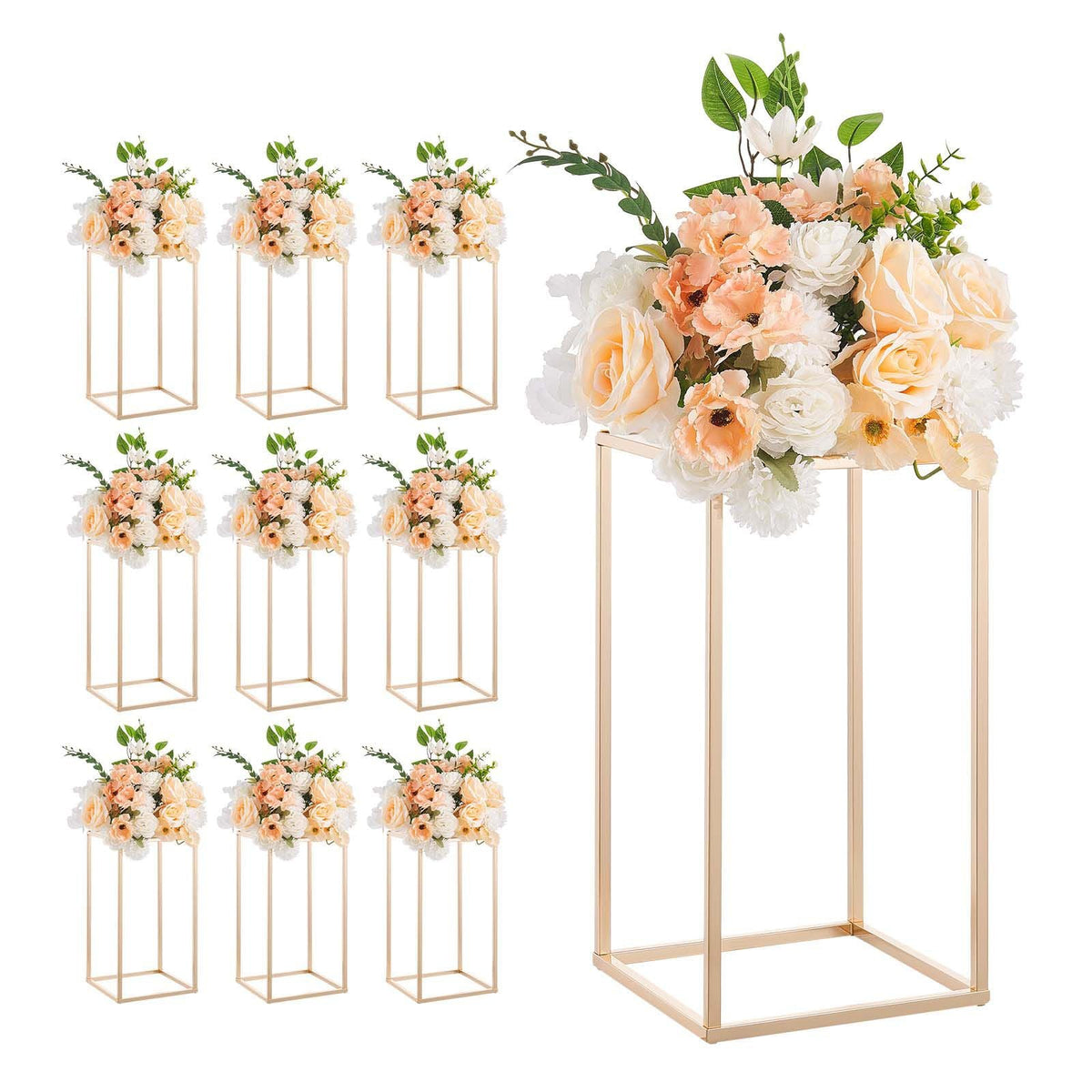 Wedding Flower Stand, 10PCS 15.75-inch Column Flower Stand, Floral Stands with Acrylic Laminate, Gold Rectangular Floral Display Rack for Wedding, Party, Birthday, Home, Gold Centerpiece Stands