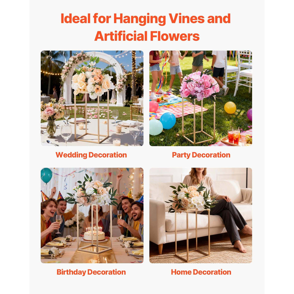 Wedding Flower Stand, 10PCS 15.75-inch Column Flower Stand, Floral Stands with Acrylic Laminate, Gold Rectangular Floral Display Rack for Wedding, Party, Birthday, Home, Gold Centerpiece Stands
