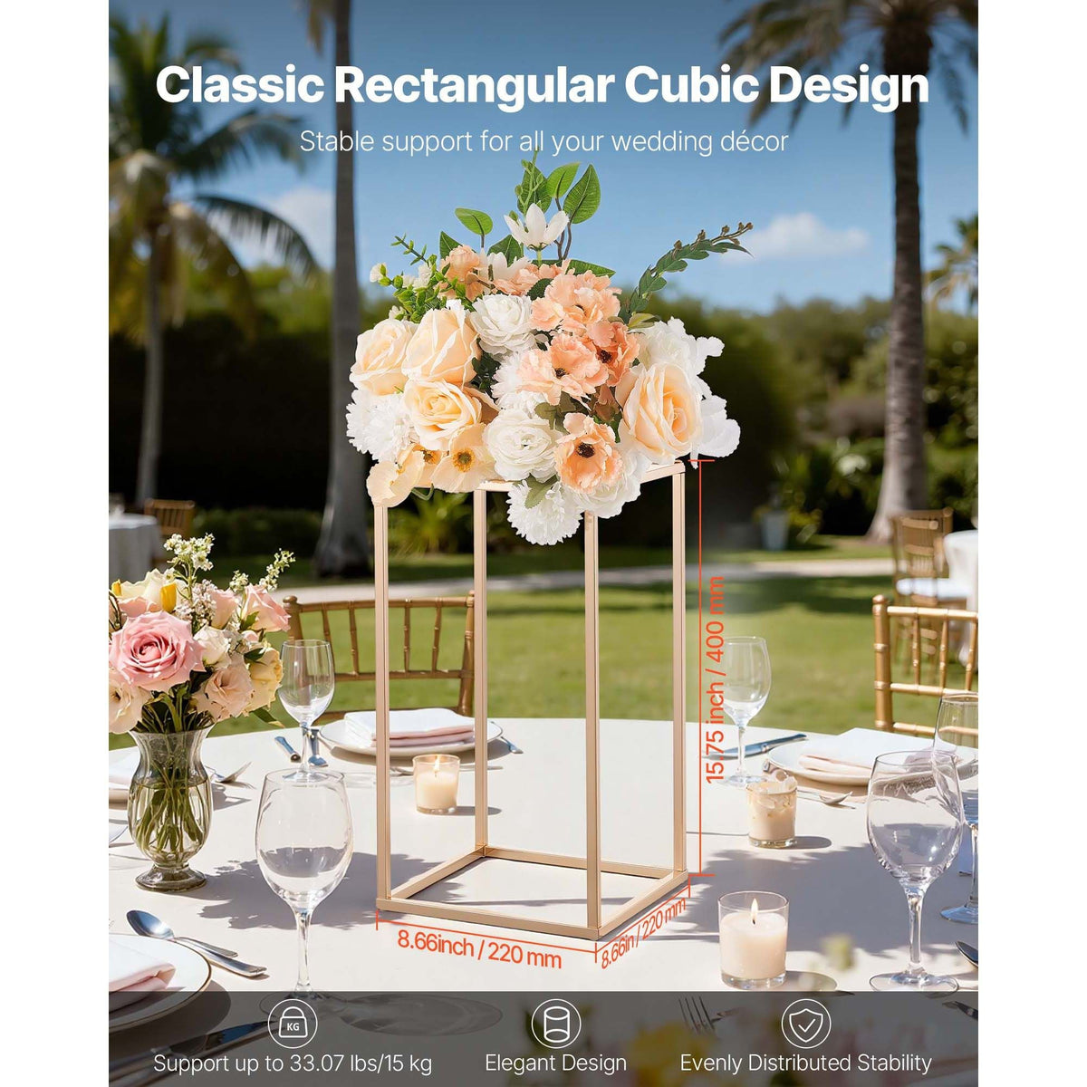 Wedding Flower Stand, 10PCS 15.75-inch Column Flower Stand, Floral Stands with Acrylic Laminate, Gold Rectangular Floral Display Rack for Wedding, Party, Birthday, Home, Gold Centerpiece Stands