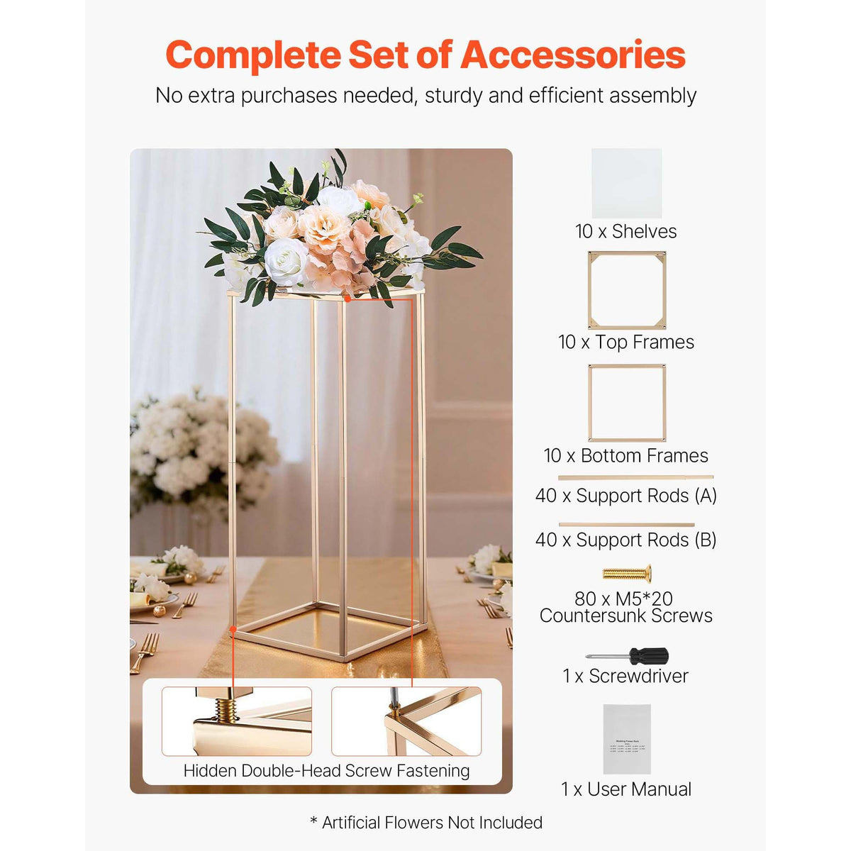 Wedding Flower Stand, 10PCS 23.62-inch Column Flower Stand, Floral Stands with Acrylic Laminate, Gold Rectangular Floral Display Rack for Wedding, Party, Birthday, Home, Gold Centerpiece Stands