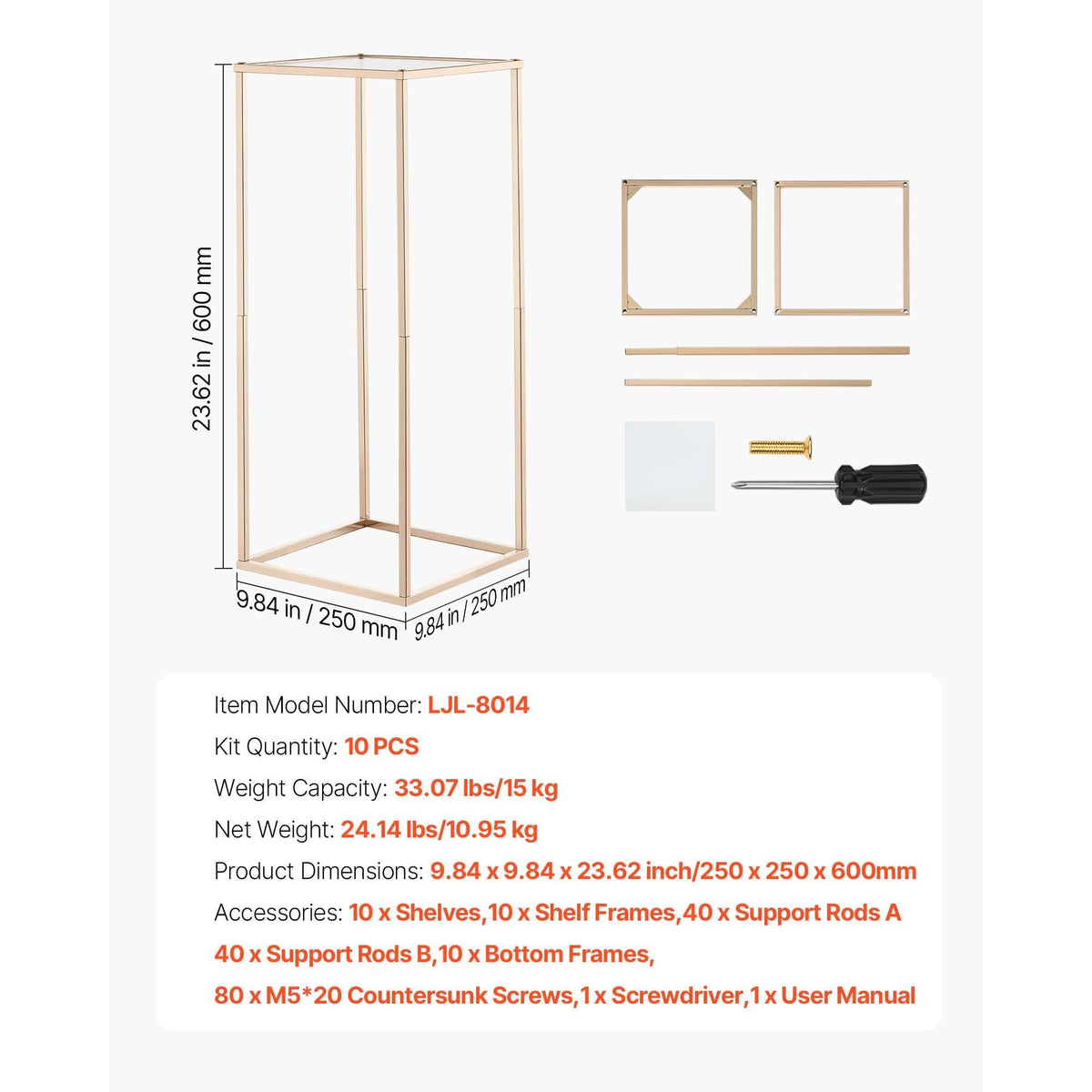 Wedding Flower Stand, 10PCS 23.62-inch Column Flower Stand, Floral Stands with Acrylic Laminate, Gold Rectangular Floral Display Rack for Wedding, Party, Birthday, Home, Gold Centerpiece Stands