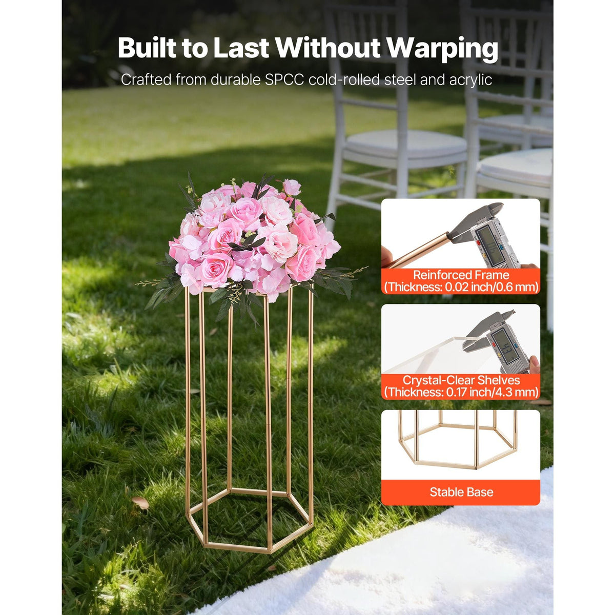 Wedding Flower Stand, 10PCS 23.62-inch Column Flower Stand, Floral Stands with Acrylic Laminate, Hexagonal Cubic Floral Display Rack for Wedding, Party, Birthday, Home, Gold Centerpiece Stands