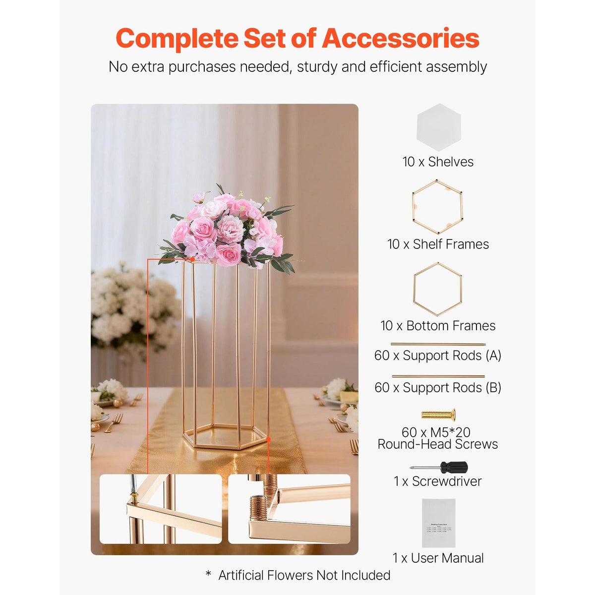 Wedding Flower Stand, 10PCS 23.62-inch Column Flower Stand, Floral Stands with Acrylic Laminate, Hexagonal Cubic Floral Display Rack for Wedding, Party, Birthday, Home, Gold Centerpiece Stands