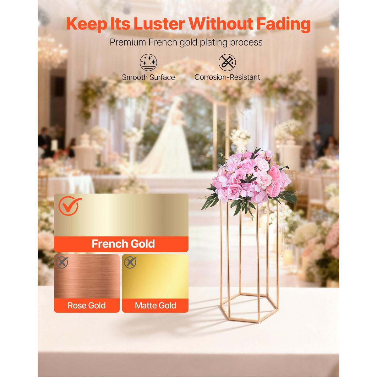 Wedding Flower Stand, 10PCS 23.62-inch Column Flower Stand, Floral Stands with Acrylic Laminate, Hexagonal Cubic Floral Display Rack for Wedding, Party, Birthday, Home, Gold Centerpiece Stands