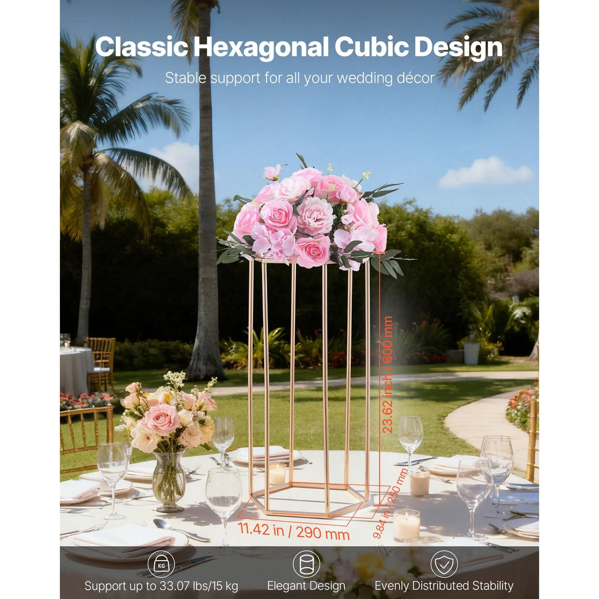 Wedding Flower Stand, 10PCS 23.62-inch Column Flower Stand, Floral Stands with Acrylic Laminate, Hexagonal Cubic Floral Display Rack for Wedding, Party, Birthday, Home, Gold Centerpiece Stands