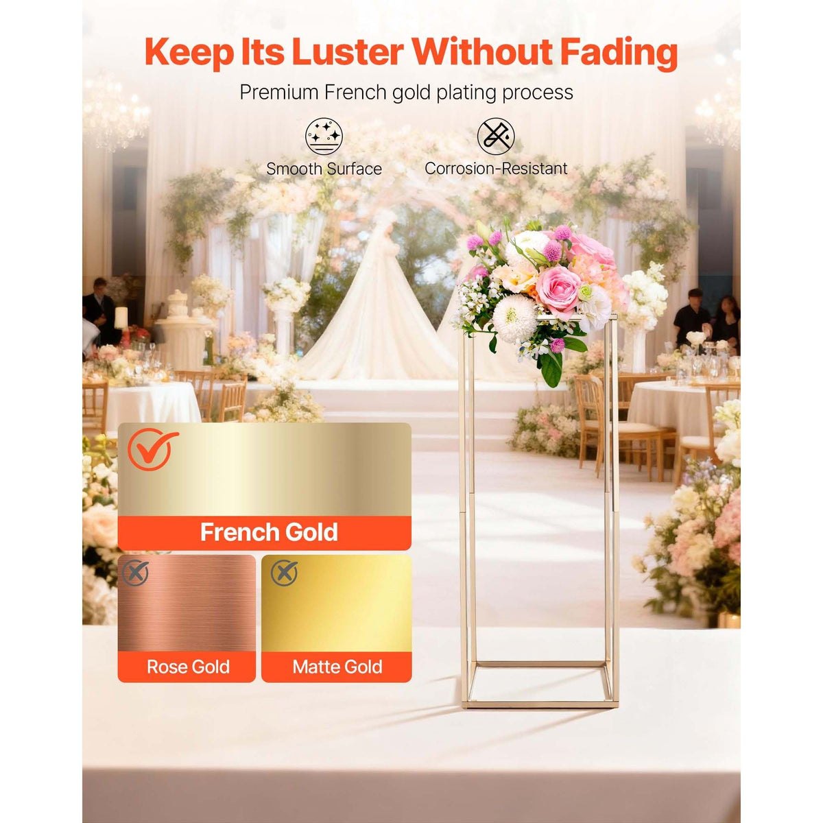 Wedding Flower Stand, 10PCS 23.62-inch Column Flower Stand, Floral Stands with Hidden Screw, Rectangular Cubic Floral Display Rack for Wedding, Party, Birthday, Home, Gold Centerpiece Stands