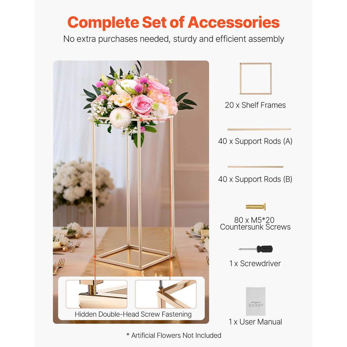 Wedding Flower Stand, 10PCS 23.62-inch Column Flower Stand, Floral Stands with Hidden Screw, Rectangular Cubic Floral Display Rack for Wedding, Party, Birthday, Home, Gold Centerpiece Stands
