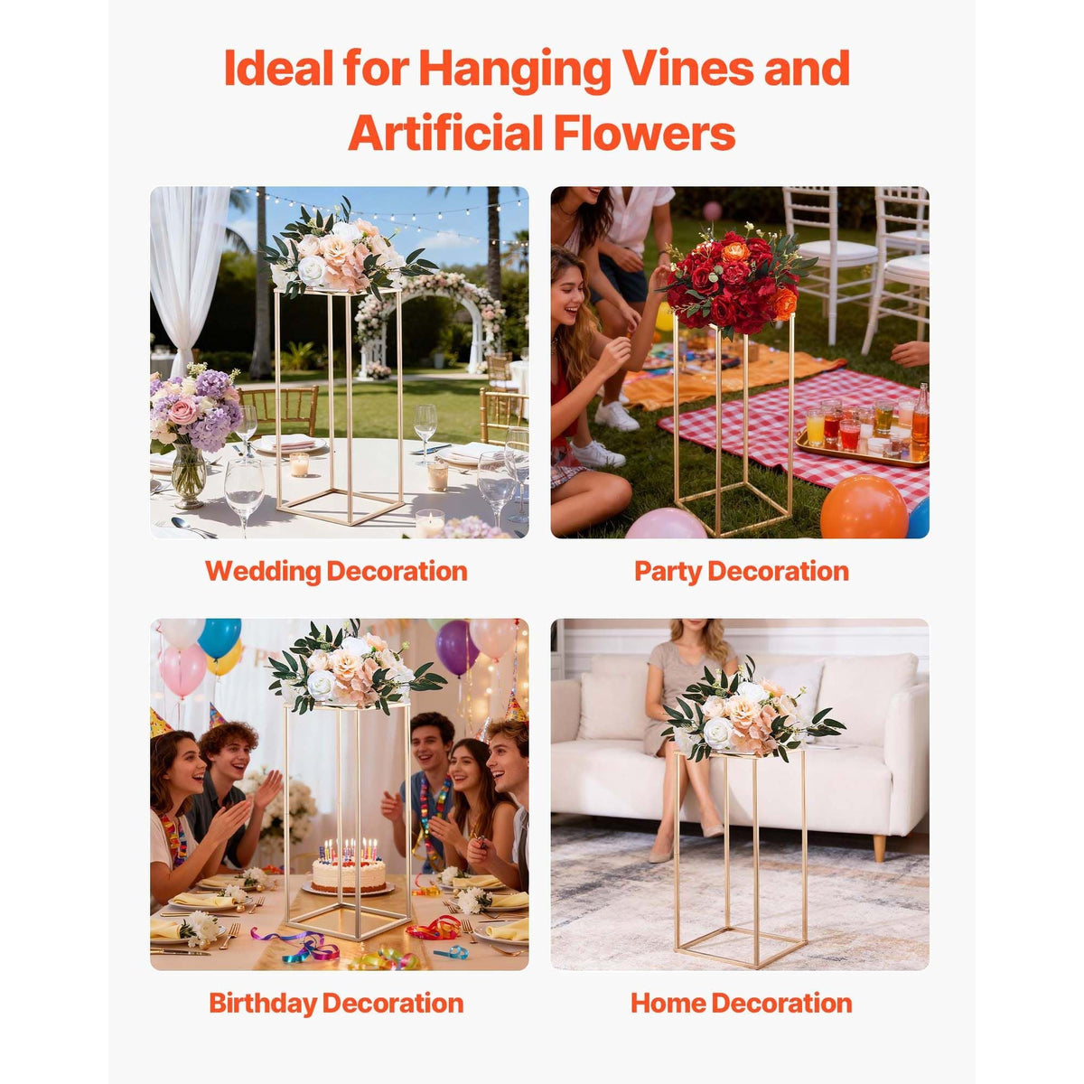Wedding Flower Stand, 10PCS 23.62-inch Column Flower Stand, Floral Stands with Metal Laminate, Gold Rectangular Floral Display Rack for Wedding, Party, Birthday, Home, Gold Centerpiece Stands