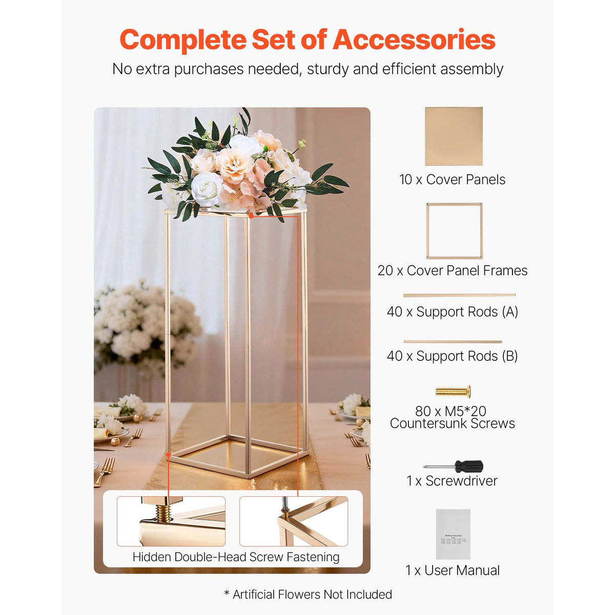 Wedding Flower Stand, 10PCS 23.62-inch Column Flower Stand, Floral Stands with Metal Laminate, Gold Rectangular Floral Display Rack for Wedding, Party, Birthday, Home, Gold Centerpiece Stands