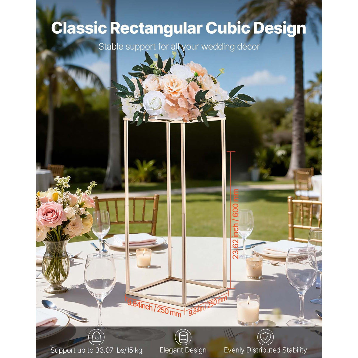 Wedding Flower Stand, 10PCS 23.62-inch Column Flower Stand, Floral Stands with Metal Laminate, Gold Rectangular Floral Display Rack for Wedding, Party, Birthday, Home, Gold Centerpiece Stands