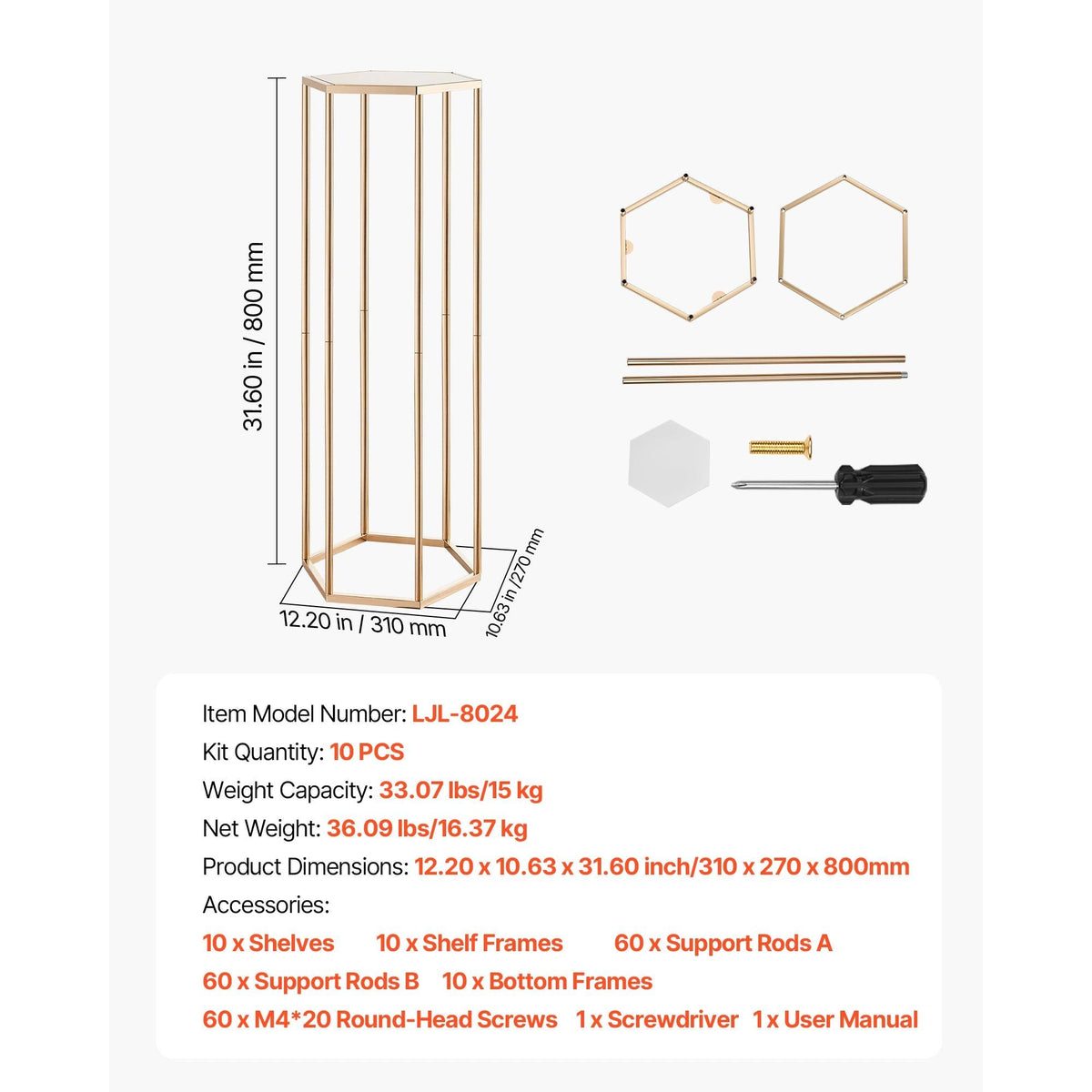 Wedding Flower Stand, 10PCS 31.5-inch Column Flower Stand, Floral Stands with Acrylic Laminate, Hexagonal Cubic Floral Display Rack for Wedding, Party, Birthday, Home, Gold Centerpiece Stands