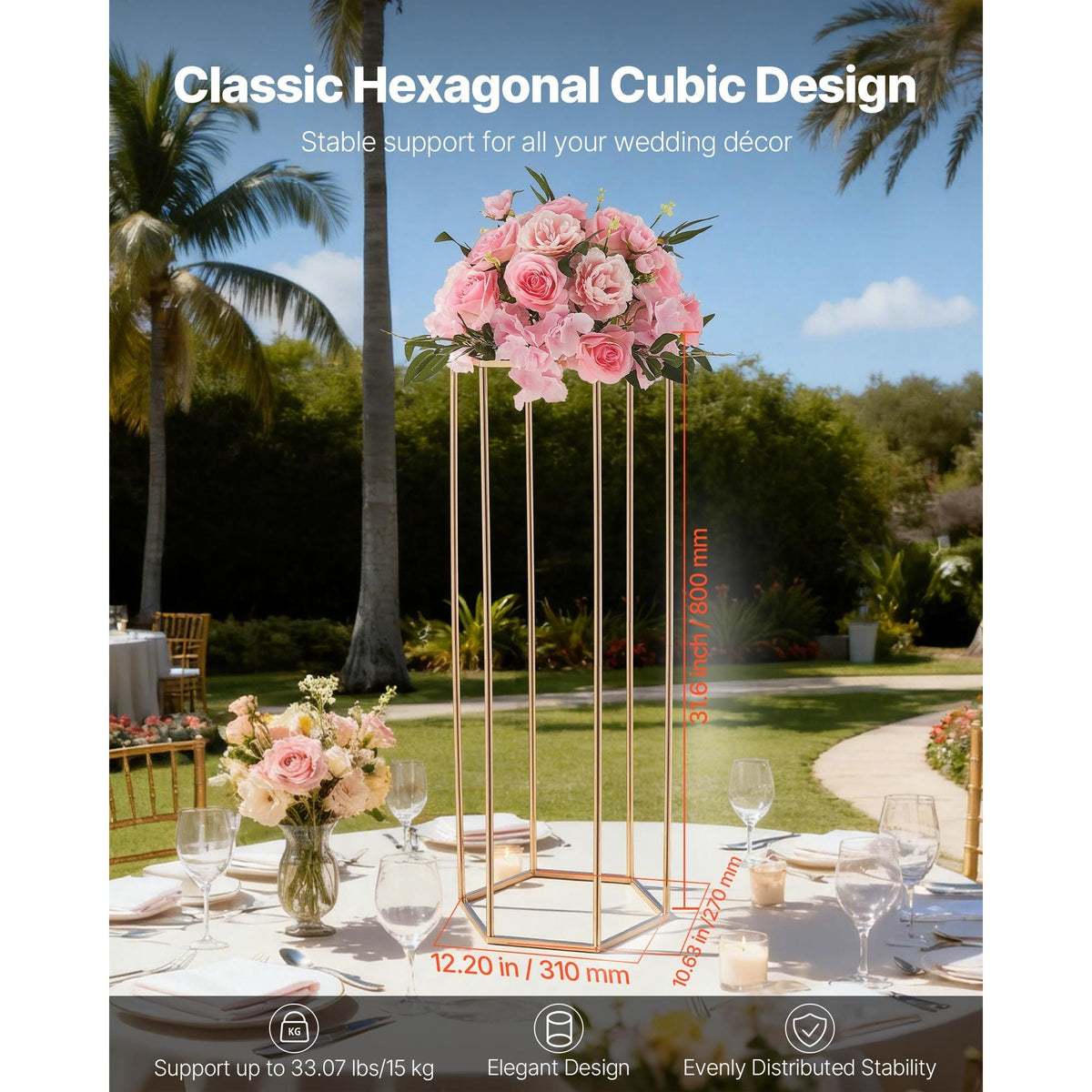Wedding Flower Stand, 10PCS 31.5-inch Column Flower Stand, Floral Stands with Acrylic Laminate, Hexagonal Cubic Floral Display Rack for Wedding, Party, Birthday, Home, Gold Centerpiece Stands