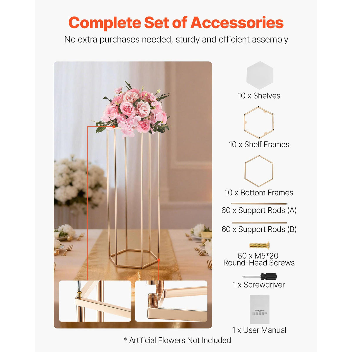 Wedding Flower Stand, 10PCS 31.5-inch Column Flower Stand, Floral Stands with Acrylic Laminate, Hexagonal Cubic Floral Display Rack for Wedding, Party, Birthday, Home, Gold Centerpiece Stands