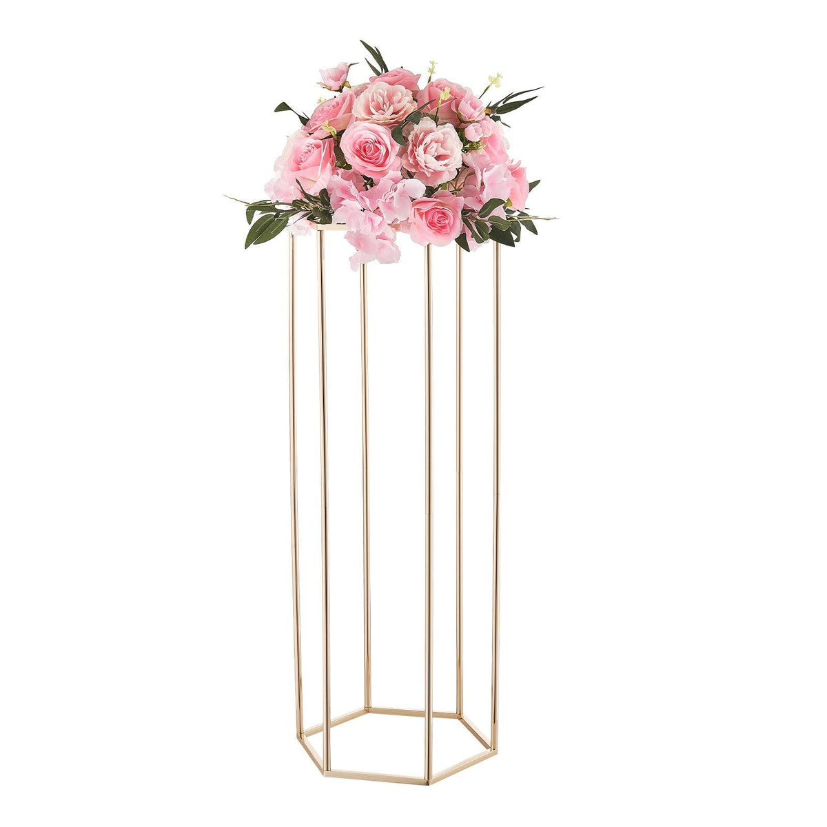 Wedding Flower Stand, 10PCS 31.5-inch Column Flower Stand, Floral Stands with Acrylic Laminate, Hexagonal Cubic Floral Display Rack for Wedding, Party, Birthday, Home, Gold Centerpiece Stands
