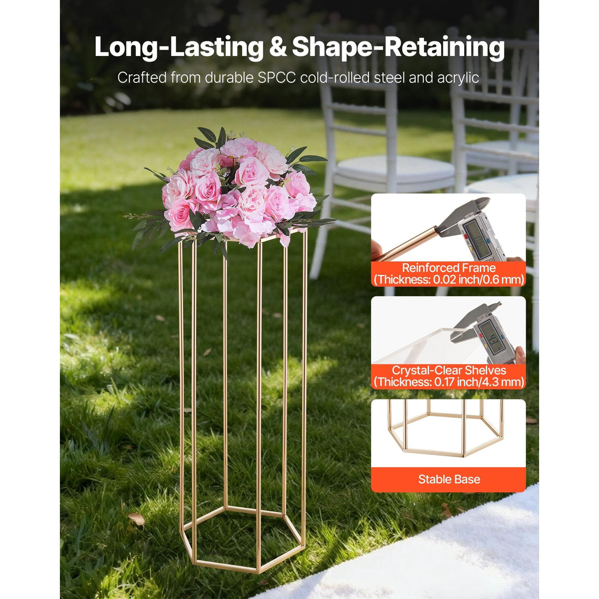 Wedding Flower Stand, 10PCS 31.5-inch Column Flower Stand, Floral Stands with Acrylic Laminate, Hexagonal Cubic Floral Display Rack for Wedding, Party, Birthday, Home, Gold Centerpiece Stands