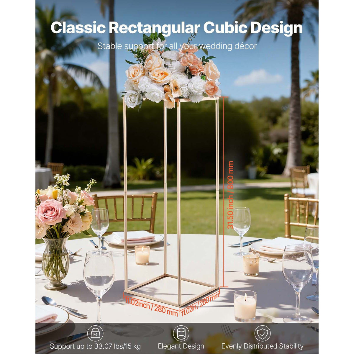Wedding Flower Stand, 10PCS 31.5-inch Column Flower Stand, Floral Stands with Metal Laminate, Gold Rectangular Floral Display Rack for Wedding, Party, Birthday, Home, Gold Centerpiece Stands