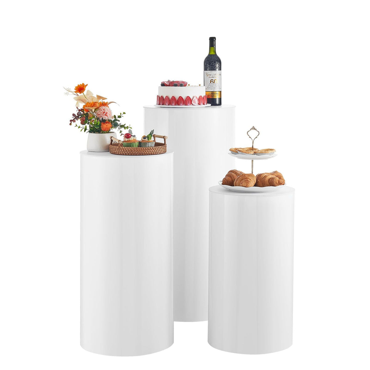 Wedding Flower Stand, 3PCS 23.62/29.53/35.43 inch Round Cylinder Plinth, White Pedestal Stand with PVC Lid, Cylindrical Pedestal Stands for Wedding, Party, Birthday, Art Decor, 33.07 lbs Load