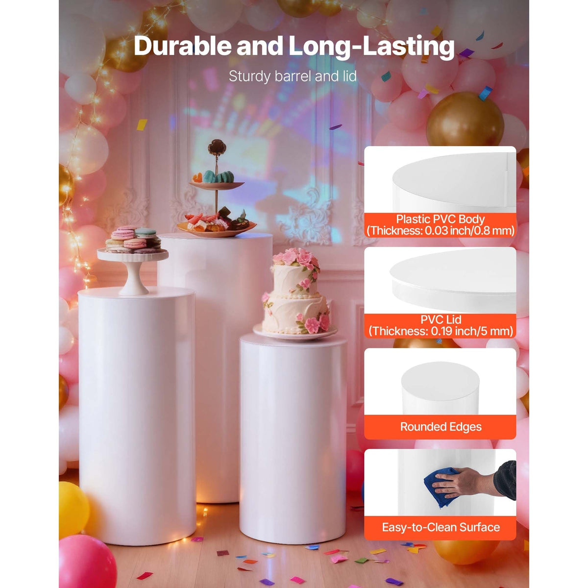 Wedding Flower Stand, 3PCS 23.62/29.53/35.43 inch Round Cylinder Plinth, White Pedestal Stand with PVC Lid, Cylindrical Pedestal Stands for Wedding, Party, Birthday, Art Decor, 33.07 lbs Load