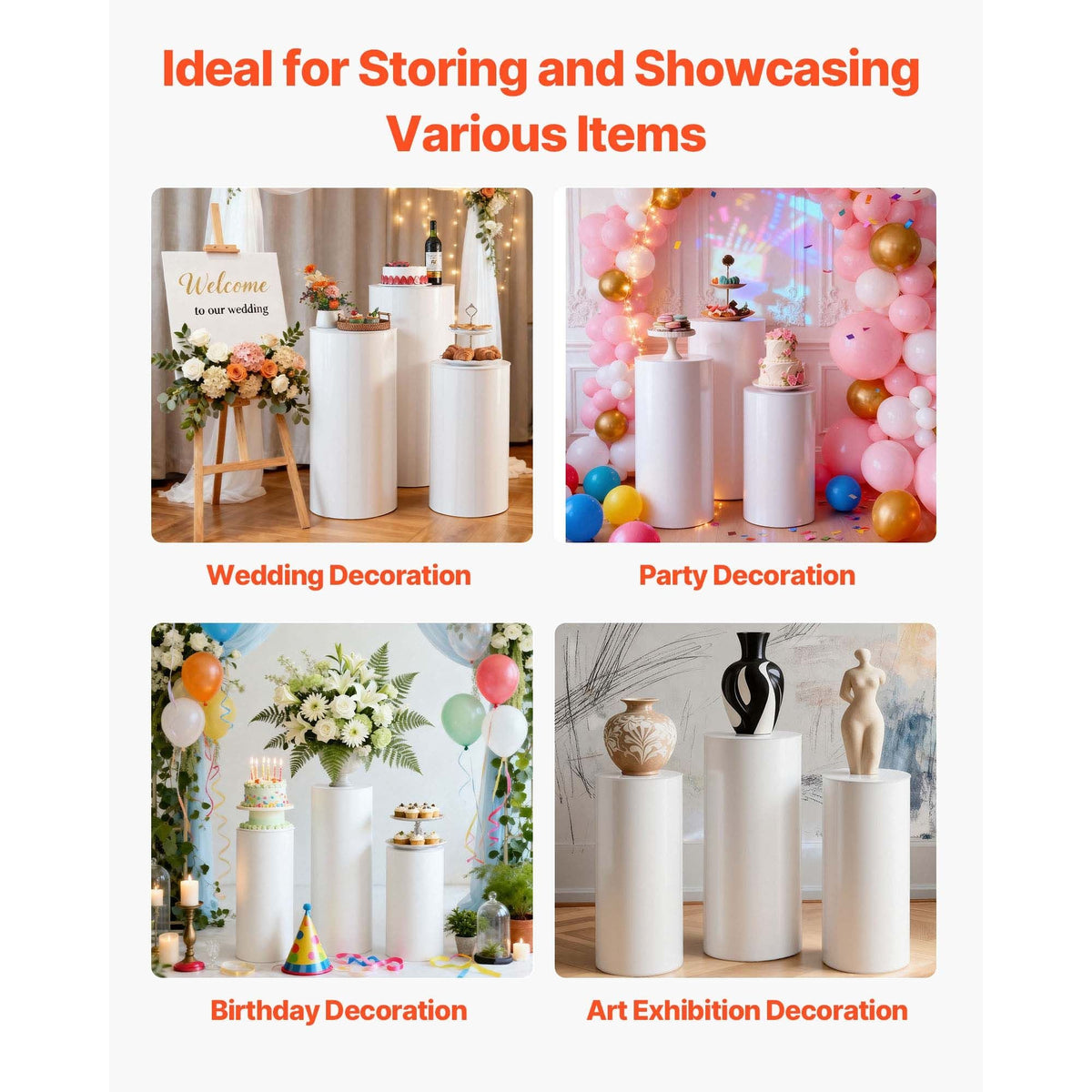 Wedding Flower Stand, 3PCS 23.62/29.53/35.43 inch Round Cylinder Plinth, White Pedestal Stand with PVC Lid, Cylindrical Pedestal Stands for Wedding, Party, Birthday, Art Decor, 33.07 lbs Load