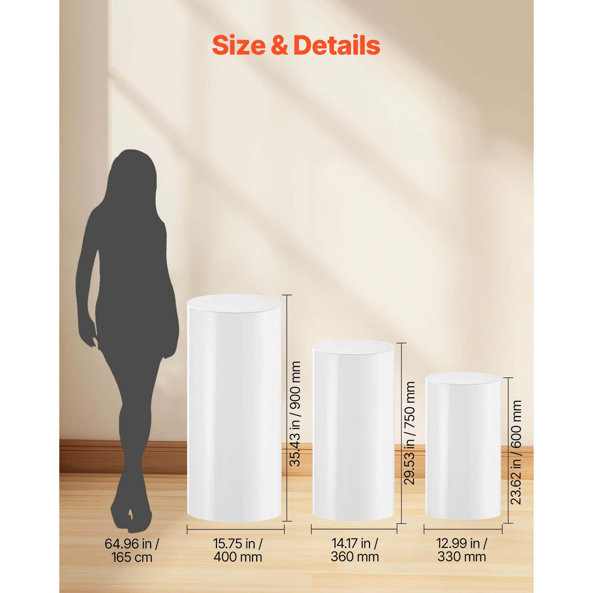 Wedding Flower Stand, 3PCS 23.62/29.53/35.43 inch Round Cylinder Plinth, White Pedestal Stand with PVC Lid, Cylindrical Pedestal Stands for Wedding, Party, Birthday, Art Decor, 33.07 lbs Load