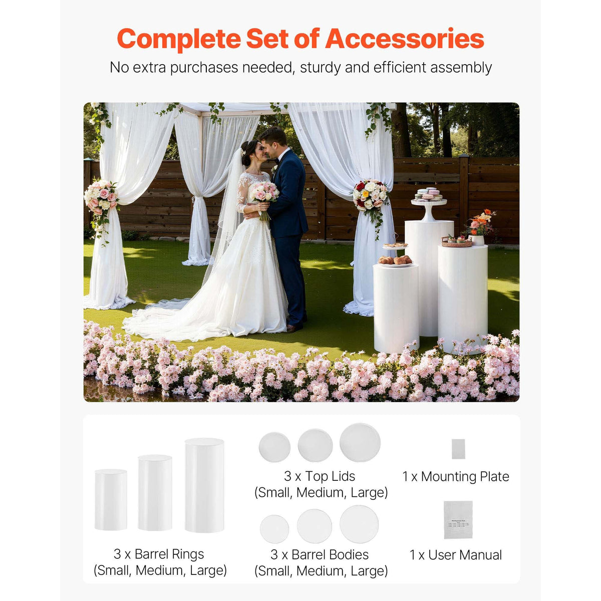 Wedding Flower Stand, 3PCS 23.62/29.53/35.43 inch Round Cylinder Plinth, White Pedestal Stand with PVC Lid, Cylindrical Pedestal Stands for Wedding, Party, Birthday, Art Decor, 33.07 lbs Load