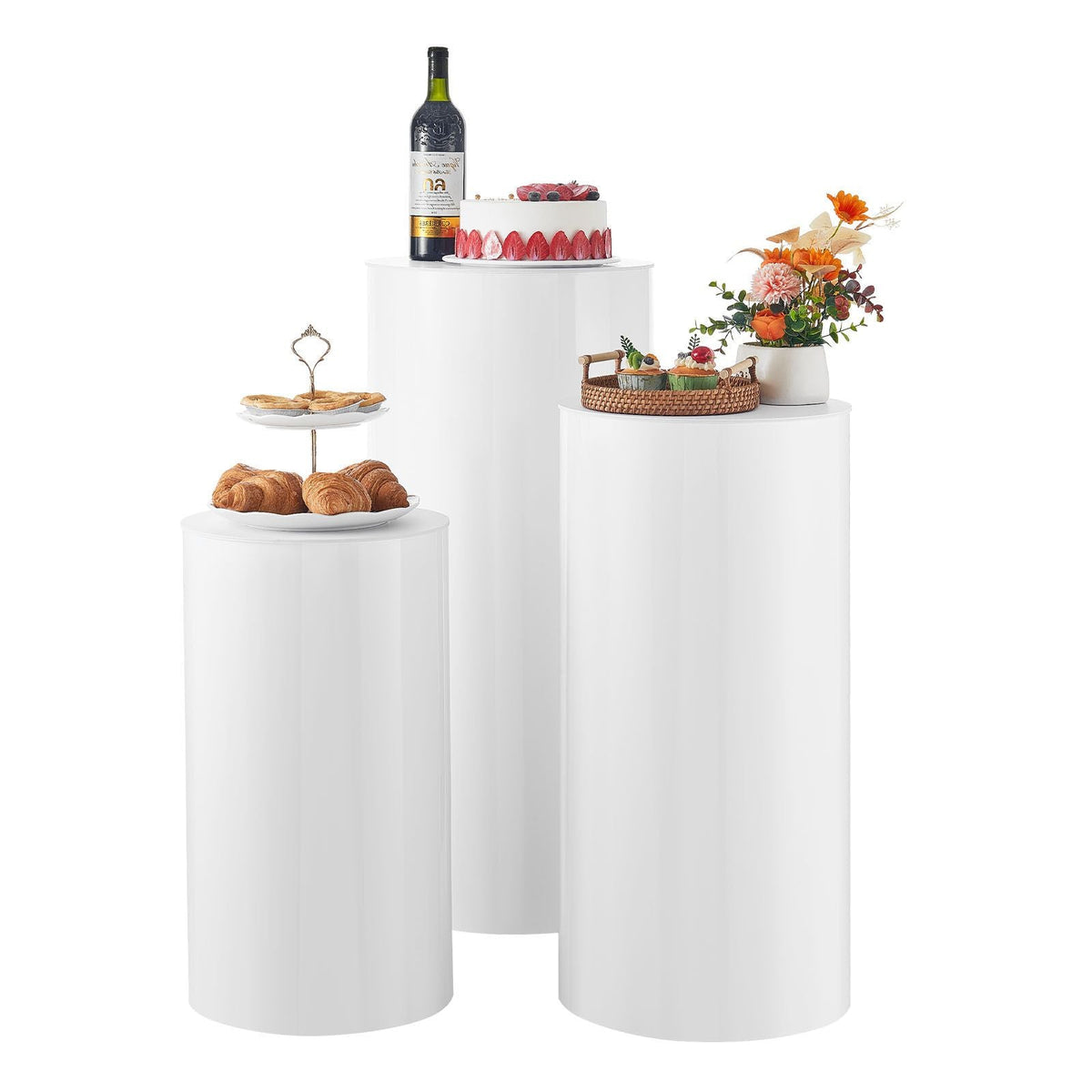 Wedding Flower Stand, 3PCS 23.62/29.53/35.43 inch Round Cylinder Plinth, White Pedestal Stand with PVC Lid, Cylindrical Pedestal Stands for Wedding, Party, Birthday, Art Decor, 33.07 lbs Load
