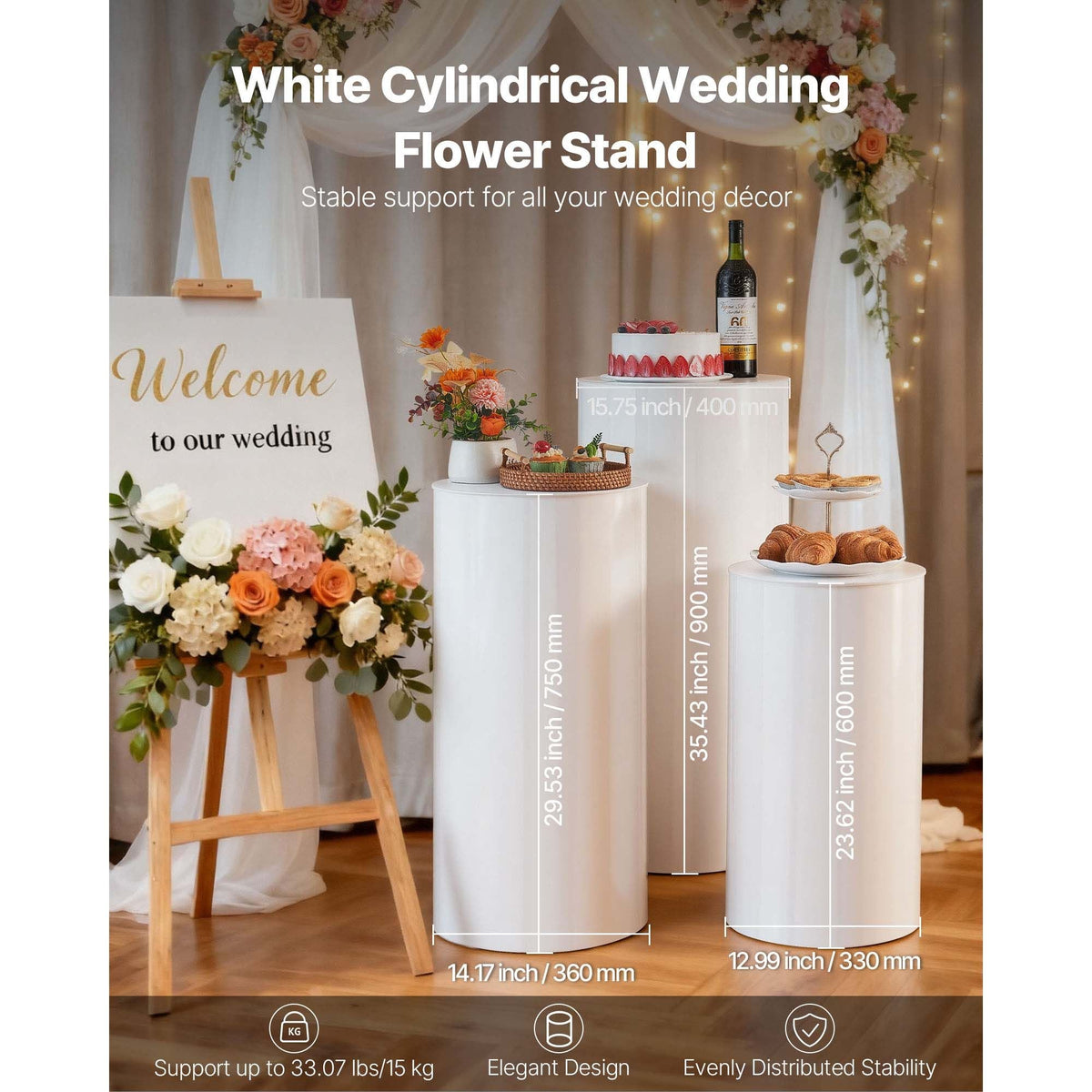 Wedding Flower Stand, 3PCS 23.62/29.53/35.43 inch Round Cylinder Plinth, White Pedestal Stand with PVC Lid, Cylindrical Pedestal Stands for Wedding, Party, Birthday, Art Decor, 33.07 lbs Load