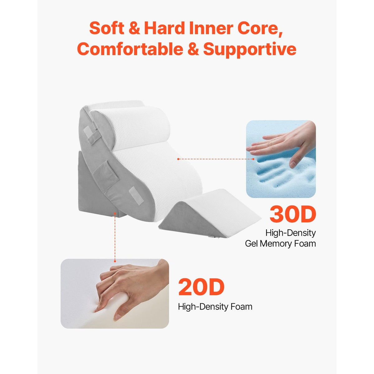 Wedge Pillow for Sleeping, 4 Pcs Adjustable Orthopedic Bed Wedge Set, Support Leg Neck Shoulder, Post Surgery Pillow for Back Pain, Acid Reflux, Snoring Relief, Sitting up in Bed, White/Grey
