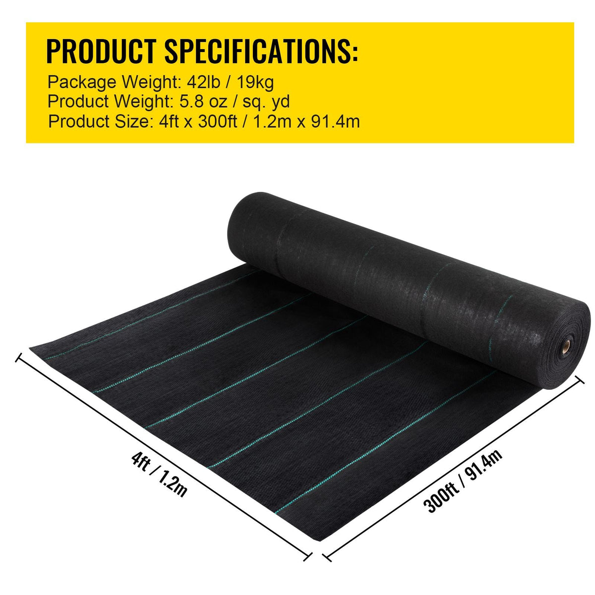Weed Barrier, 5.8oz Landscape Fabric, 4ft x 300ft Cover Mat Heavy Duty Woven Grass Control Geotextile for Garden, Patio, Black