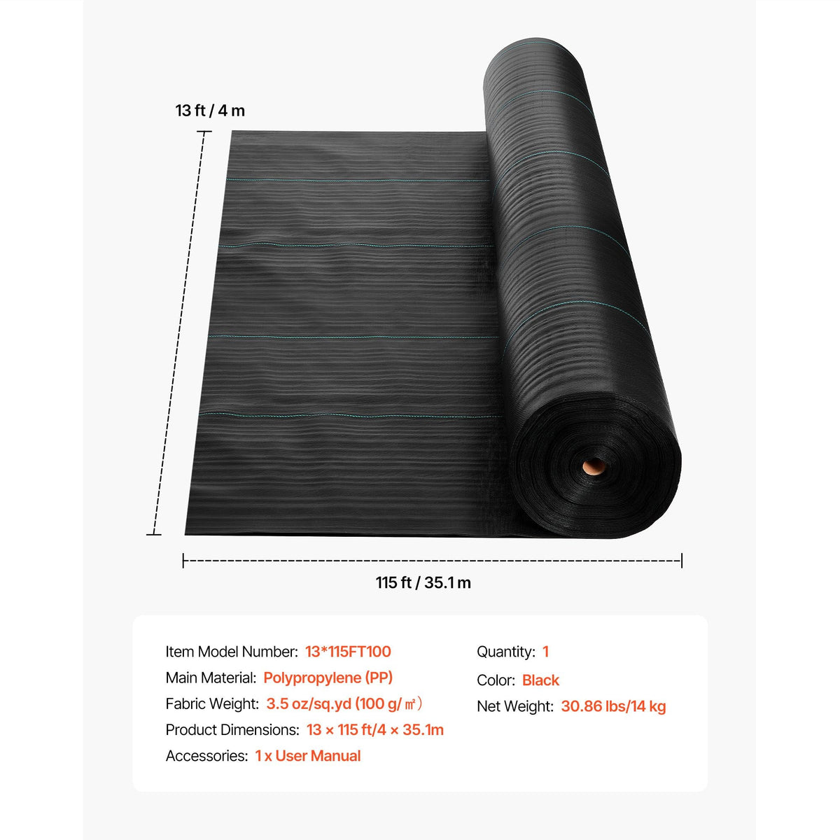 Weed Barrier Fabric Heavy Duty, 13x115FT 3.5oz Landscape Fabric, Woven Weed Blocker Fabrics, Garden Fabrics Weeds Barrier, Weeds Control Ground Cover, Geotextile Webbing, Gardening Mat, Black