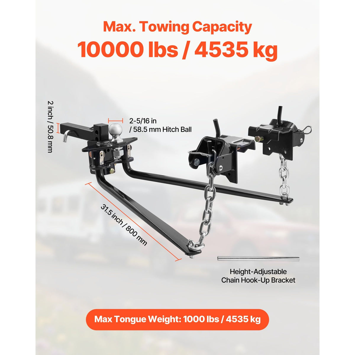 Weight Distribution Hitch, 10000 lbs Max Towing & 1000 lbs Max Tongue, Weight Distributing Hitches Kit Includes 2 in Shank and 2-5/16 in Ball, Load Leveling Hitch for Trailers, Black