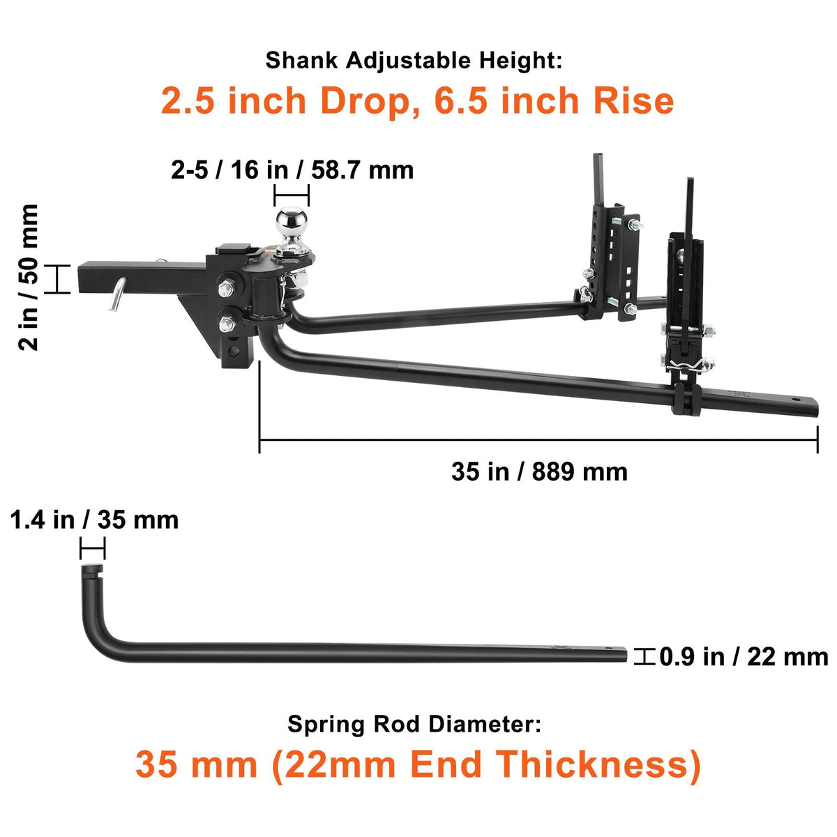 Weight Distribution Hitch, 1,500 lbs Weight Distributing Hitches Kit with Sway Control for Trailer, 2-In Solid Steel Shank, 2-5/16 in Alloy Steel Ball, Powder Coated Load Leveling Hitch, Black