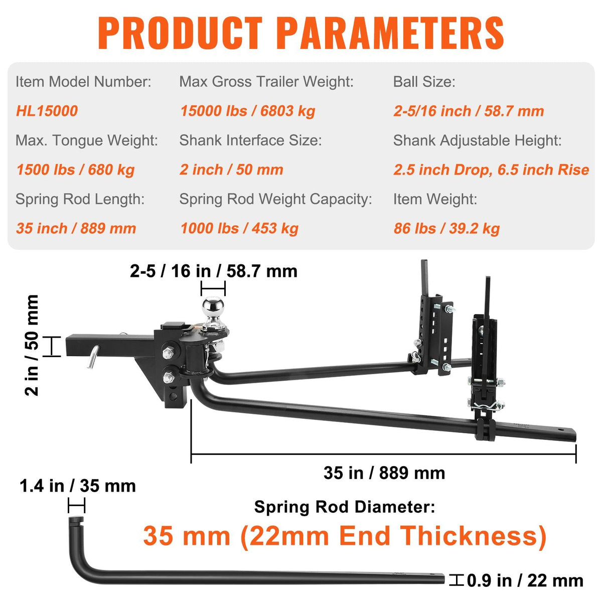 Weight Distribution Hitch, 1,500 lbs Weight Distributing Hitches Kit with Sway Control for Trailer, 2-In Solid Steel Shank, 2-5/16 in Alloy Steel Ball, Powder Coated Load Leveling Hitch, Black