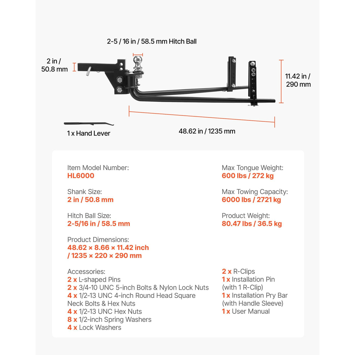 Weight Distribution Hitch, 6000 lbs Max Towing & 600 lbs Max Tongue, Weight Distributing Hitches Kit with Sway Control Includes 2 in Shank & 2-5/16 in Ball, Load Leveling Hitch for Trailers