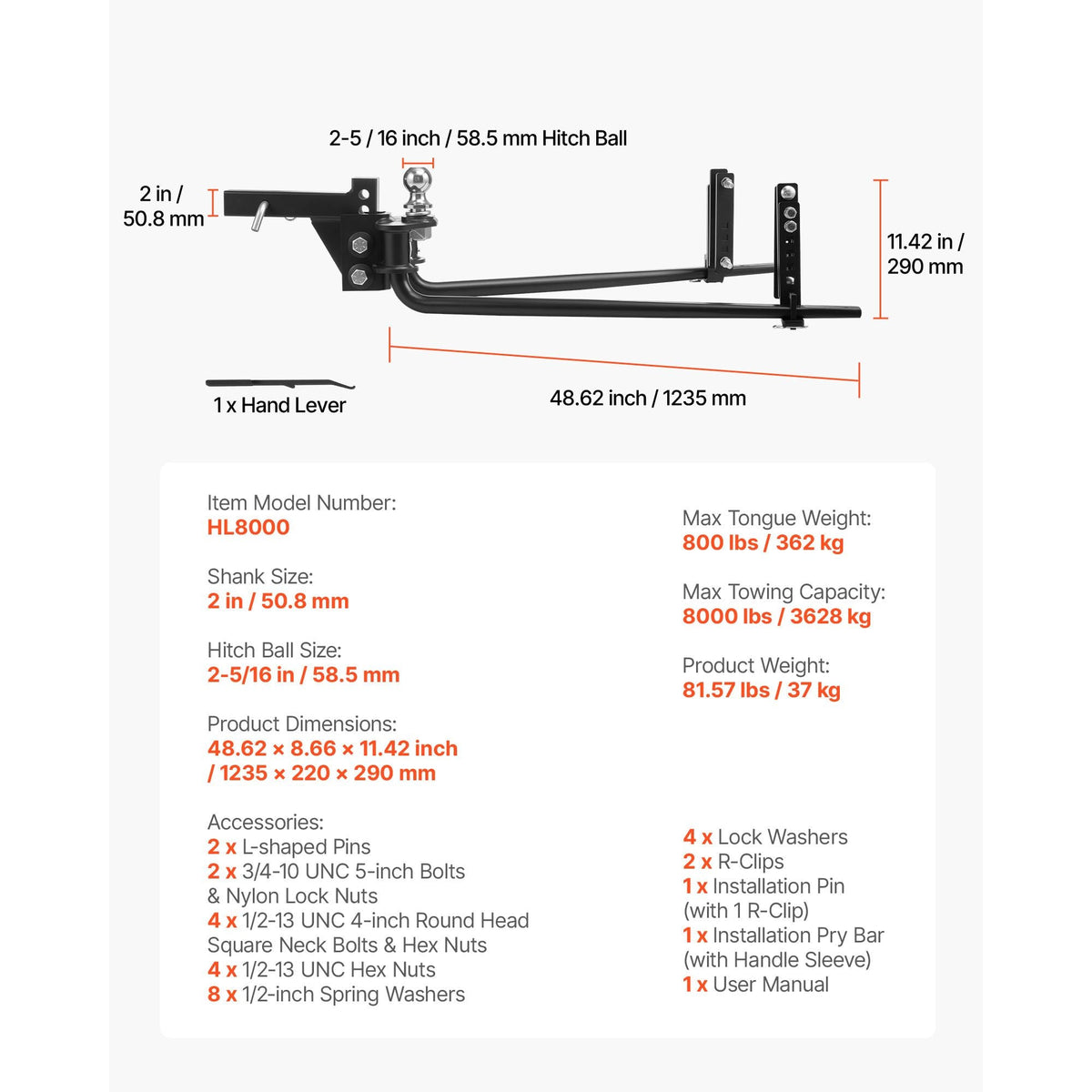 Weight Distribution Hitch, 8000 lbs Max Towing & 800 lbs Max Tongue, Weight Distributing Hitches Kit with Sway Control Includes 2 in Shank & 2-5/16 in Ball, Load Leveling Hitch for Trailers