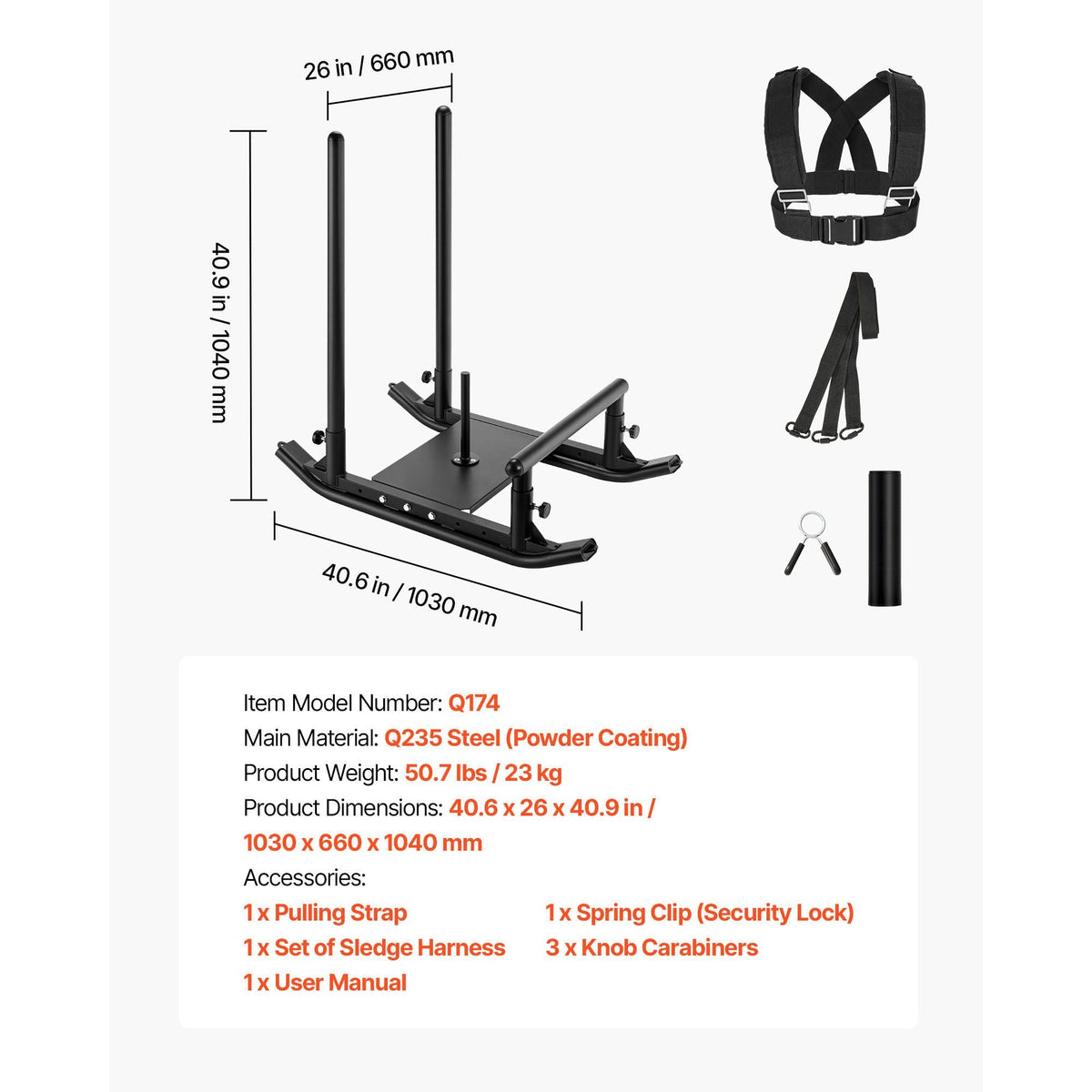 Weight Sled, Steel Power Sled, Fitness Strength Training Sleds for Athletic Exercise Speed Improvement, Workout Fitness Equipment with Handle, Compatible with 1/2 in Weight Plates, Black