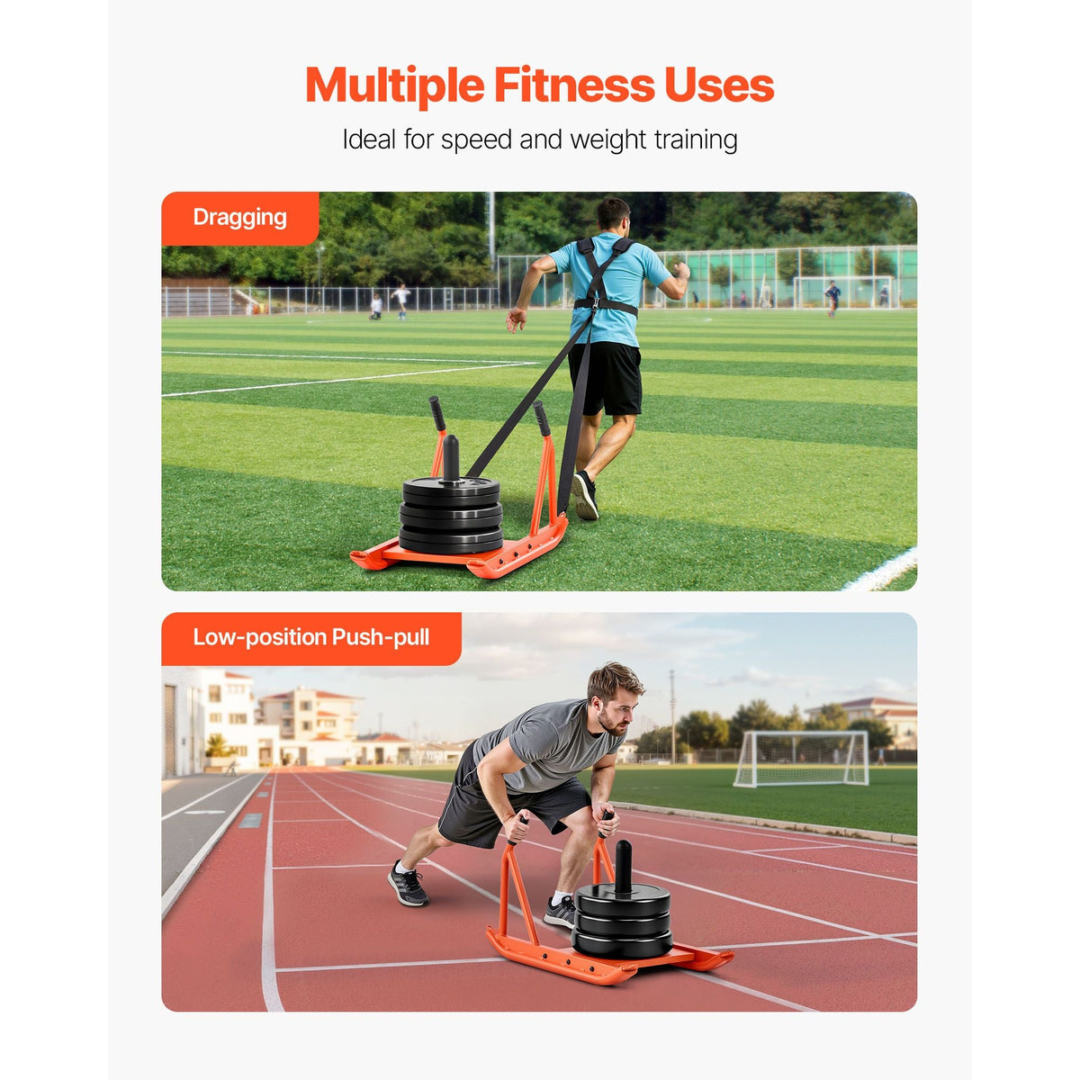 Weight Sled, Steel Power Sled, Fitness Strength Training Sleds for Athletic Exercise Speed Improvement, Workout Fitness Equipment with Handle, Compatible with 1/2 in Weight Plates, Orange